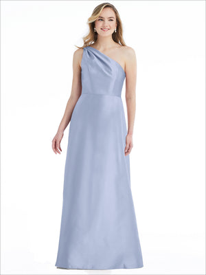 Lavender one-shoulder satin maxi dress with draped pleats and fitted bodice