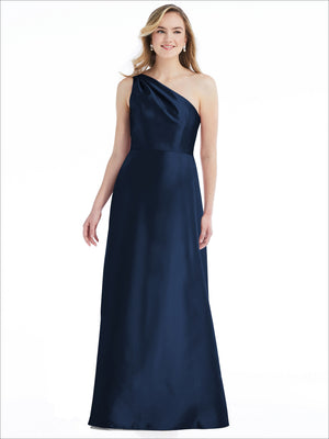 Navy satin one-shoulder maxi dress with draped diagonal shoulder and smooth pleated skirt