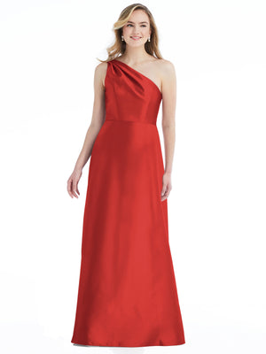 Red one-shoulder satin maxi dress with pleated drape and side pockets