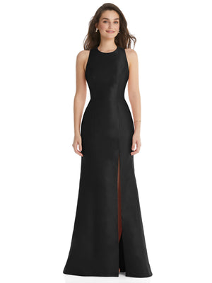 Black sleeveless trumpet dress with jewel neckline and center front slit
