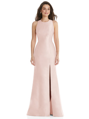 Blush pink jewel-neck trumpet dress with open-back tie bow and front slit