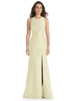 Ivory jewel-neck trumpet dress with open back bow and front slit