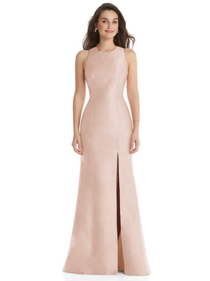 Light blush trumpet dress with front slit and jewel neck