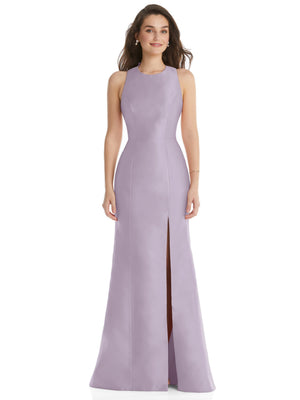 Lilac sleeveless trumpet dress with jewel neckline and front slit