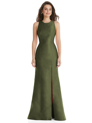 Olive-green sleeveless jewel-neck trumpet dress with front slit