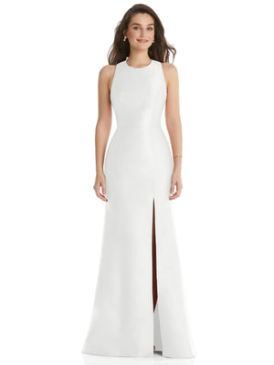 White trumpet gown with jewel neckline and center front slit