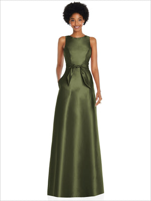 Olive-green jewel-neck maxi dress with back V and tied mini sash, sleeveless
