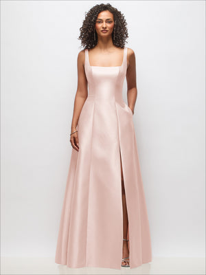 Sleeveless square-neck princess gown in blush pink, with side slit and hidden pockets