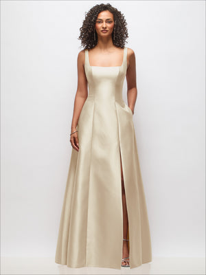 Square-neck sleeveless princess-line gown with pockets, champagne, full skirt
