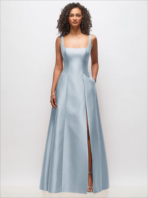 Light blue sleeveless square-neck princess line gown with side slit and pockets, front view