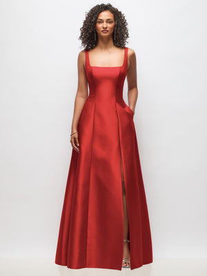 Sleeveless square-neck princess gown with side pockets, red