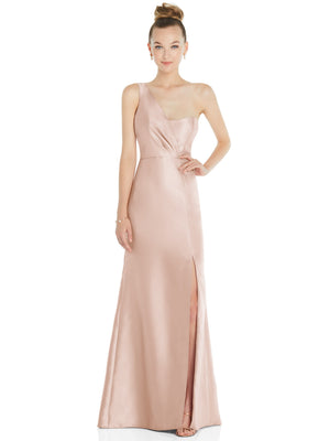 Blush satin one-shoulder trumpet gown with draped bodice and front slit