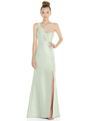Satin one-shoulder trumpet gown in sage green, front slit, fitted draped bodice