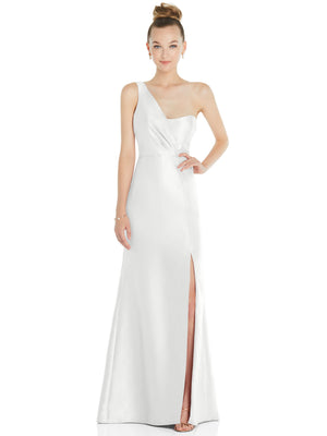 White one-shoulder draped satin trumpet gown standing front view