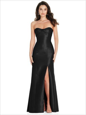Black strapless satin corset gown with bow neckline and trumpet skirt with side slit