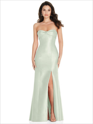 Mint green strapless satin trumpet gown with bow detail at bust and front slit