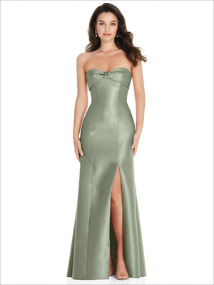 Sage-green strapless satin trumpet gown with bow detail at bust and front leg slit