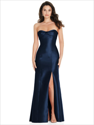 Navy strapless trumpet gown with bow detail at bust and front thigh-high slit