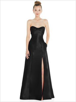 Black satin strapless ball gown with bow bodice and front slit skirt