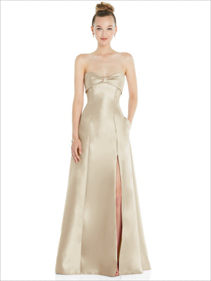 Satin strapless ball gown with bow at bust and front slit, champagne tone