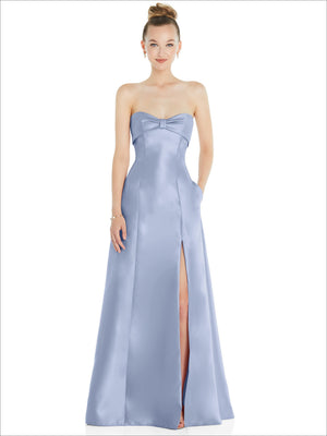 Powder blue satin strapless ball gown with front bow detail and side slit