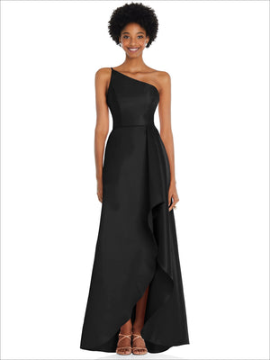 One-shoulder satin gown in black with draped front and high asymmetrical slit