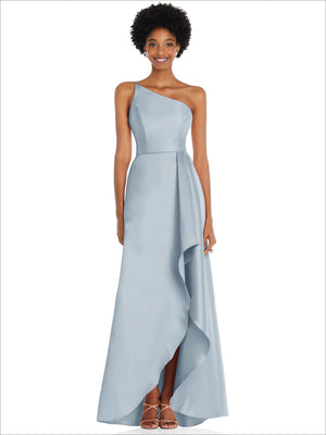 One-shoulder satin gown in periwinkle blue, front view with soft drape and slit