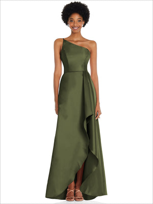Olive one-shoulder satin gown with draped front slit and hidden side pockets