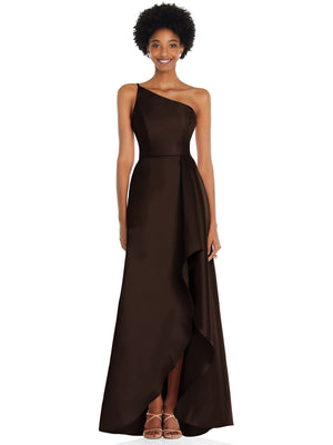 Espresso one-shoulder satin gown with draped front slit and side pockets