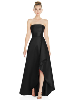 Black strapless satin gown with draped front slit and flowing A-line skirt