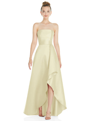 Strapless satin gown, pale yellow with draped front and asymmetrical front slit