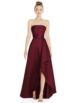 Strapless satin gown with draped front and side slit, deep burgundy