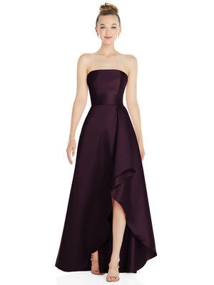 Strapless satin gown in burgundy with asymmetrical drape and front slit