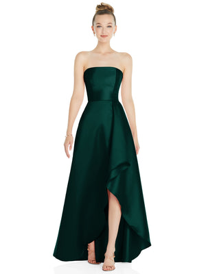 Emerald green strapless satin gown with draped front slit and flared skirt