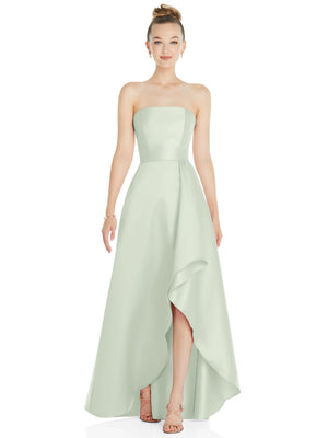 Sage green strapless satin gown front view with draped asymmetrical slit