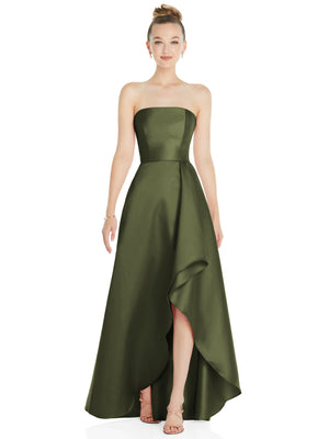 Olive strapless satin gown with draped front slit and side pocket detail.