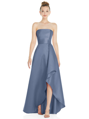 Blue strapless satin gown with draped front slit and flowing A-line skirt