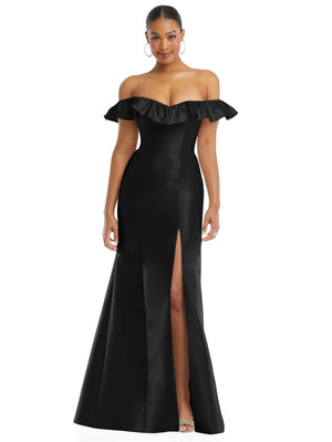 Black satin off-shoulder ruffle-neck trumpet gown with front slit