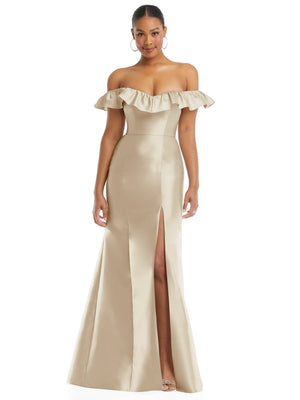 Champagne satin off-shoulder trumpet gown with ruffled neckline and front slit