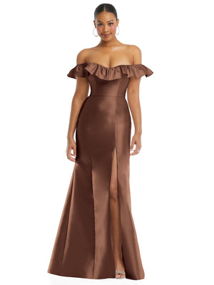 Cognac satin off-shoulder trumpet gown with layered ruffle neckline and front slit