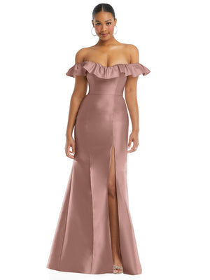 Off-shoulder ruffle-neck satin trumpet gown in mauve satin, front view with slit