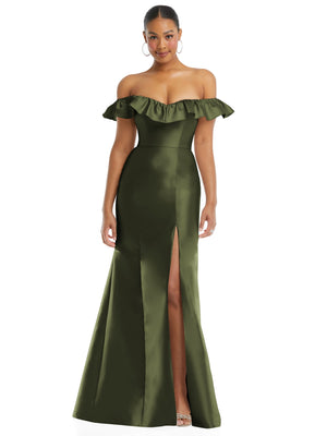 Off-shoulder ruffle satin trumpet gown in olive green, off-shoulder ruffle neckline and slit