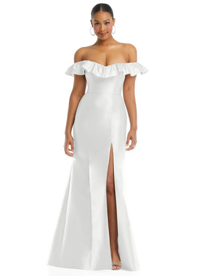 White off-the-shoulder satin trumpet gown with layered ruffle neckline and side slit