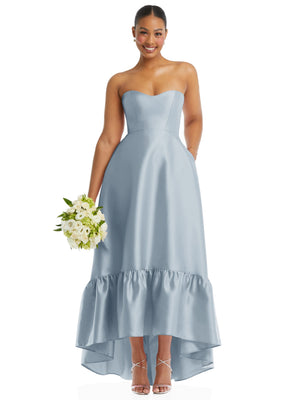 Mist blue satin strapless high-low dress with deep ruffle hem