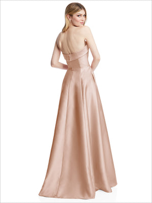Strapless satin gown in dusty rose with tailored bodice and voluminous A-line skirt