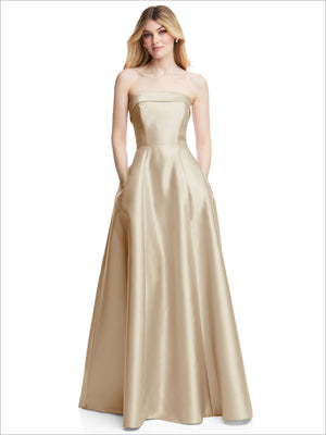 Champagne strapless satin gown with fitted bodice and full A-line skirt