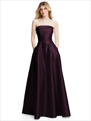 Plum strapless satin gown with fitted bodice and flared A-line skirt