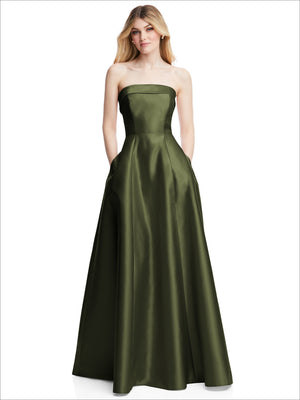 Olive green strapless satin gown with fitted bodice and pleated flared skirt