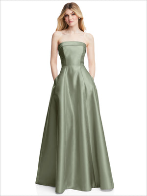 Strapless satin gown in sage green with fitted bodice and wide, flared skirt.