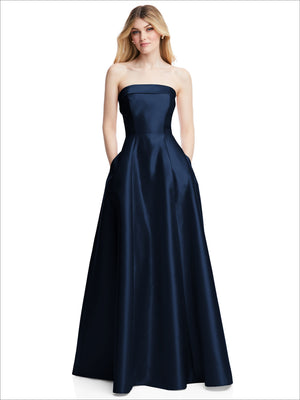 Dark navy strapless satin gown with fitted bodice and full flared A-line skirt